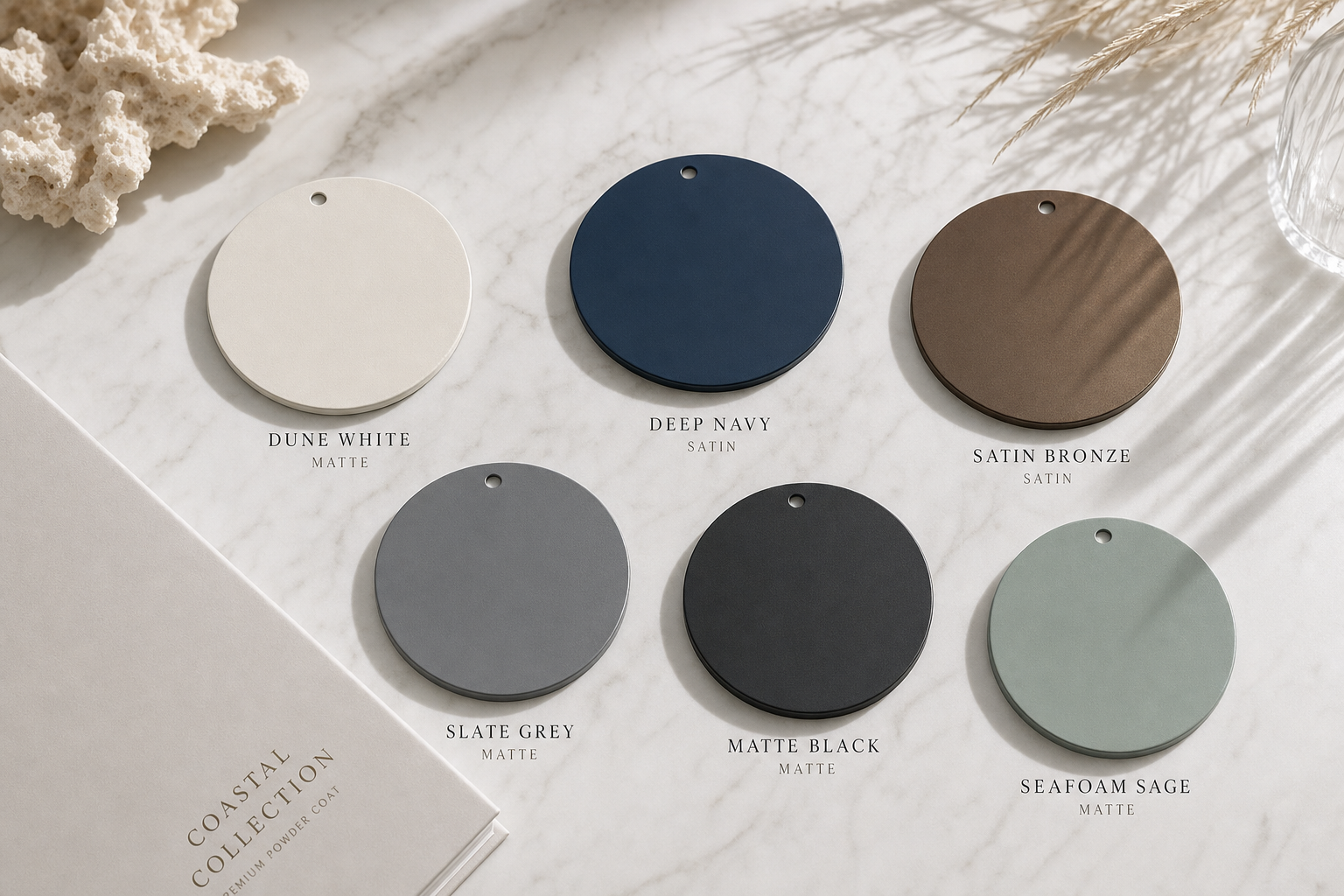 Premium powder coat color swatches in the Malibu Finish Coastal Collection